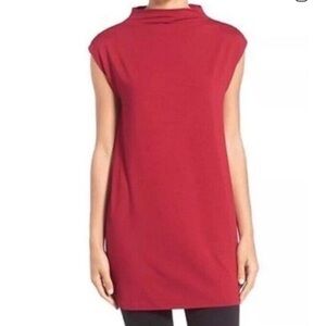🪅Eileen Fisher Funnel Neck Tunic Dress Large Red Jersey Cowl Neck Short sleeve